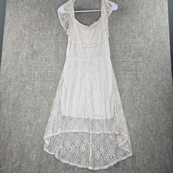 Almost Famous Womens Lace High-Low Dress With Cap Sleeves Size M Cream/White Nyl - Picture 1 of 6